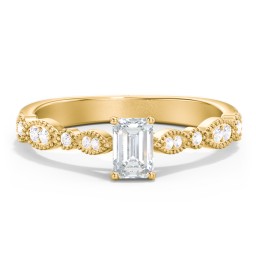 Vintage Diamond Ring with Milgrain Leaves and Accents in 9K Solid Yellow Gold
