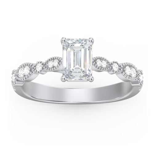 Vintage Diamond Ring with Milgrain Leaves and Accents – 14K White Gold with Lab Diamond