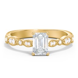 Vintage Diamond Ring with Milgrain Leaves and Accents in 9K Solid Yellow Gold