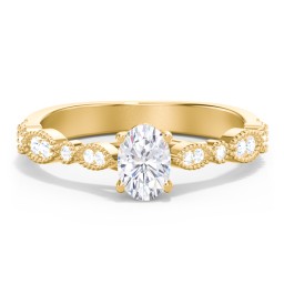 Vintage Diamond Ring with Milgrain Leaves and Accents in 9K Solid Yellow Gold
