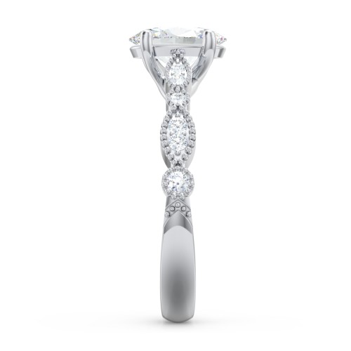 Vintage Diamond Ring with Milgrain Leaves and Accents – 14K White Gold with Lab Diamond