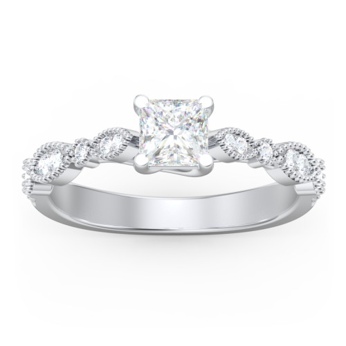 Vintage Diamond Ring with Milgrain Leaves and Accents – 14K White Gold with Lab Diamond