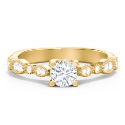 Vintage Diamond Ring with Milgrain Leaves and Accents in 9K Solid Yellow Gold