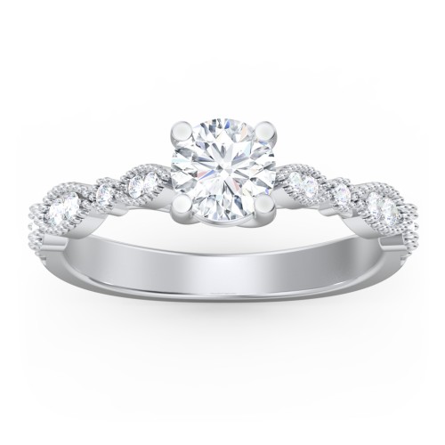 Vintage Diamond Ring with Milgrain Leaves and Accents – 14K White Gold with Lab Diamond