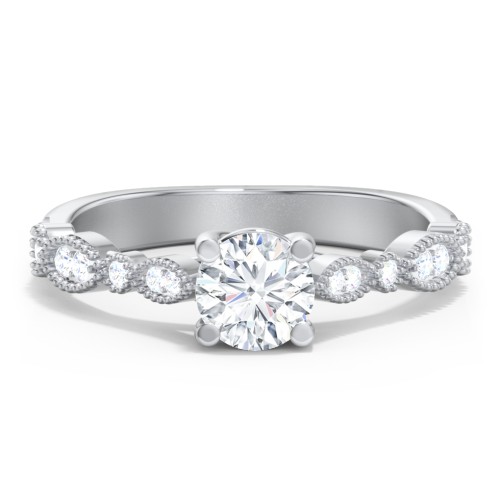 Vintage Diamond Ring with Milgrain Leaves and Accents – 14K White Gold with Lab Diamond
