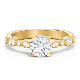 Vintage Diamond Ring with Milgrain Leaves and Accents in 9K Solid Yellow Gold with 04LABDIAM-RD-1.00-SI1-F-VG and Lab Diamond