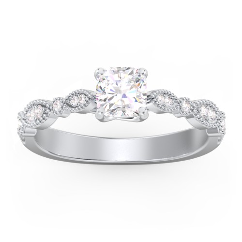 Vintage Diamond Ring with Milgrain Leaves and Accents – 14K White Gold with Lab Diamond