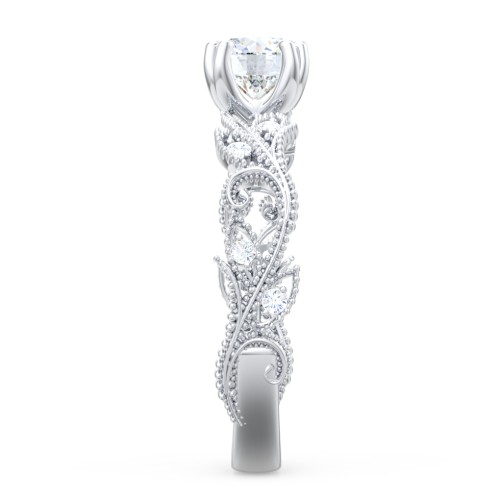 Vintage Leaf and Vine Solitaire Engagement Ring with Milgrain – 14K White Gold with Lab Diamond