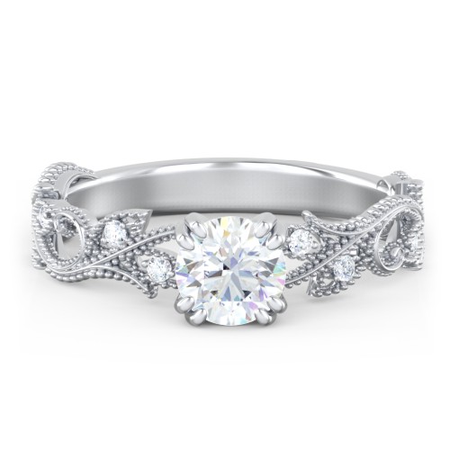 Vintage Leaf and Vine Solitaire Engagement Ring with Milgrain – 14K White Gold with Lab Diamond