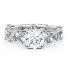 Vintage Leaf and Vine Solitaire Engagement Ring with Milgrain