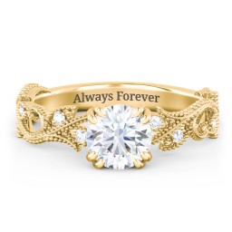Vintage Leaf and Vine Solitaire Engagement Ring with Milgrain in 9K Solid Yellow Gold with 04LABDIAM-RD-1.00-SI1-F-VG and Lab Diamond
