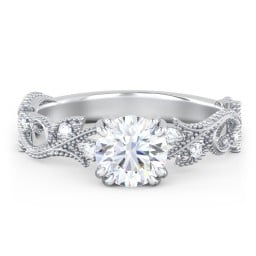 Vintage Leaf and Vine Solitaire Engagement Ring with Milgrain