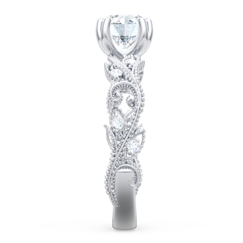 Vintage Leaf and Vine Solitaire Engagement Ring with Milgrain – 14K White Gold with Lab Diamond