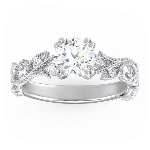 Vintage Leaf and Vine Solitaire Engagement Ring with Milgrain – 14K White Gold with Lab Diamond