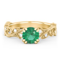 Vintage Leaf and Vine Solitaire Engagement Ring with Milgrain in 9K Solid Yellow Gold with 05EMER-RD-1.00 and Lab Diamond