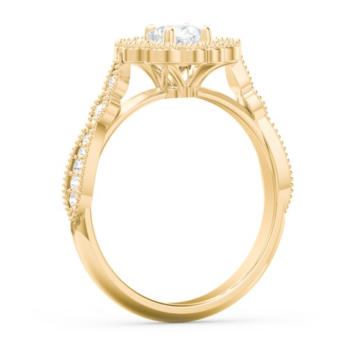 Vintage Solitaire Engagement Ring with Scalloped Halo and Leaf Band – 9kt Yellow Gold with Diamond