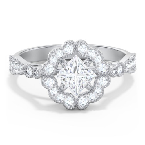 Vintage Solitaire Engagement Ring with Scalloped Halo and Leaf Band – 14K White Gold with Diamond