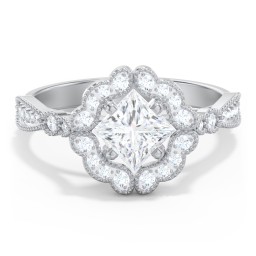 Vintage Solitaire Engagement Ring with Scalloped Halo and Leaf Band