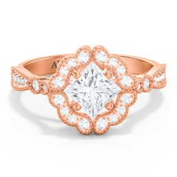 Vintage Solitaire Engagement Ring with Scalloped Halo and Leaf Band in 9K Solid Rose Gold