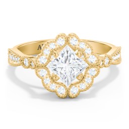 Vintage Solitaire Engagement Ring with Scalloped Halo and Leaf Band in 9K Solid Yellow Gold with 04DIAM-PC-1.00-SI2-G-G and Diamond