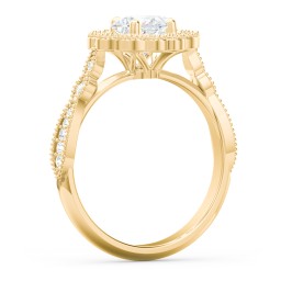 Vintage Solitaire Engagement Ring with Scalloped Halo and Leaf Band in 9K Solid Yellow Gold
