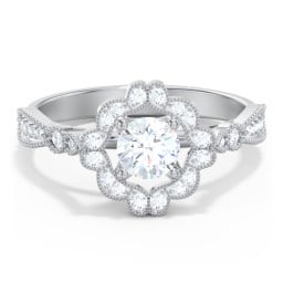 Vintage Solitaire Engagement Ring with Scalloped Halo and Leaf Band