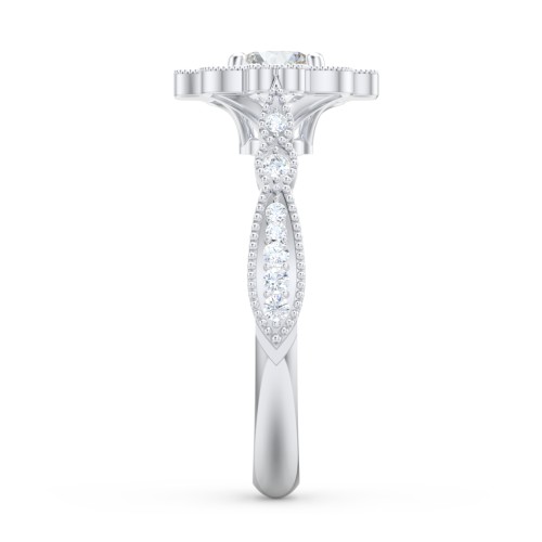 Vintage Solitaire Engagement Ring with Scalloped Halo and Leaf Band