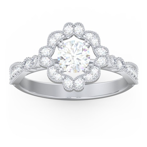Vintage Solitaire Engagement Ring with Scalloped Halo and Leaf Band – 14K White Gold with Diamond