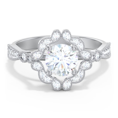 Vintage Solitaire Engagement Ring with Scalloped Halo and Leaf Band