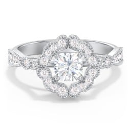 Vintage Solitaire Engagement Ring with Scalloped Halo and Leaf Band