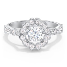 Vintage Solitaire Engagement Ring with Scalloped Halo and Leaf Band