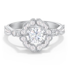 Vintage Solitaire Engagement Ring with Scalloped Halo and Leaf Band – 14K White Gold with Diamond