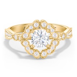 Vintage Solitaire Engagement Ring with Scalloped Halo and Leaf Band in 9K Solid Yellow Gold