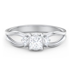 3 Stone Diamond Engagement Ring with Split Shank and Peek-A-Boo Accents – 14K White Gold with Diamond