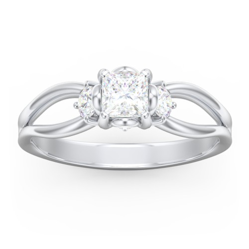 3 Stone Diamond Engagement Ring with Split Shank and Peek-A-Boo Accents – 14K White Gold with Diamond