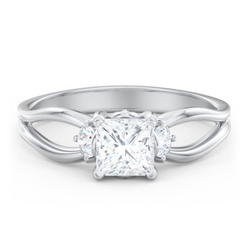 3 Stone Diamond Engagement Ring with Split Shank and Peek-A-Boo Accents – 14K White Gold with Diamond