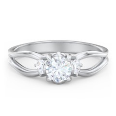3 Stone Diamond Engagement Ring with Split Shank and Peek-A-Boo Accents – 14K White Gold with Diamond