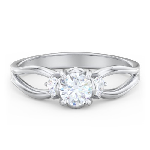 3 Stone Diamond Engagement Ring with Split Shank and Peek-A-Boo Accents – 14K White Gold with Diamond