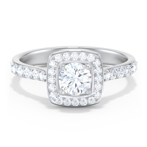 Diamond Solitaire Engagement Ring with Cushion Halo and Accents – 14K White Gold with Diamond