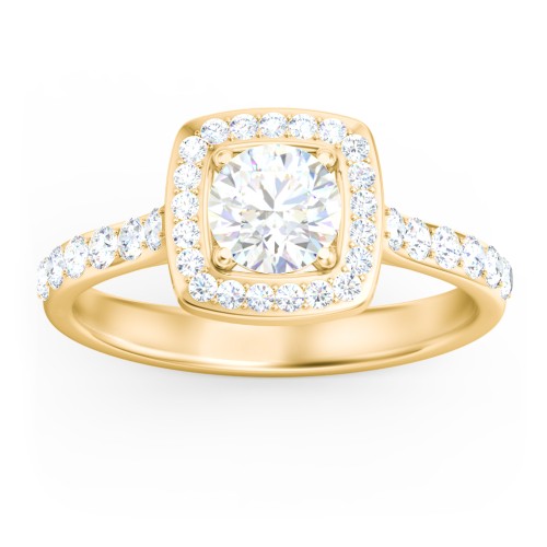 Diamond Solitaire Engagement Ring with Cushion Halo and Accents – 9kt Yellow Gold with Diamond