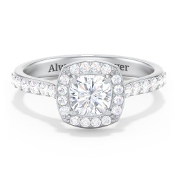 Diamond Solitaire Engagement Ring with Cushion Halo and Accents