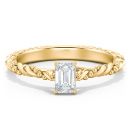Vintage Solitaire Engagement Ring with Beaded Twisted Rope Band in 9K Solid Yellow Gold