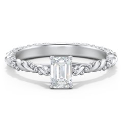 Vintage Solitaire Engagement Ring with Beaded Twisted Rope Band – 14K White Gold