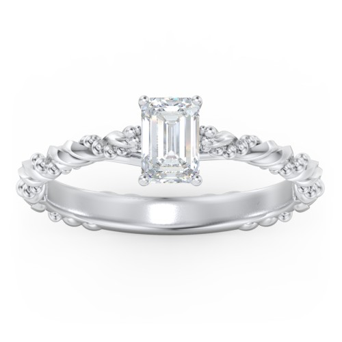 Vintage Solitaire Engagement Ring with Beaded Twisted Rope Band – 14K White Gold