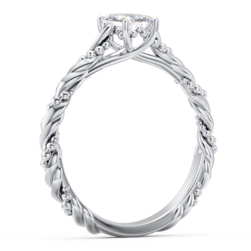 Vintage Solitaire Engagement Ring with Beaded Twisted Rope Band – 14K White Gold