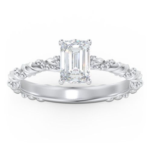 Vintage Solitaire Engagement Ring with Beaded Twisted Rope Band – 14K White Gold