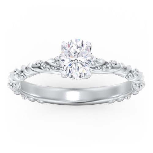Vintage Solitaire Engagement Ring with Beaded Twisted Rope Band – 14K White Gold