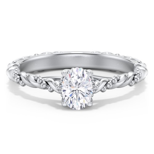 Vintage Solitaire Engagement Ring with Beaded Twisted Rope Band – 14K White Gold