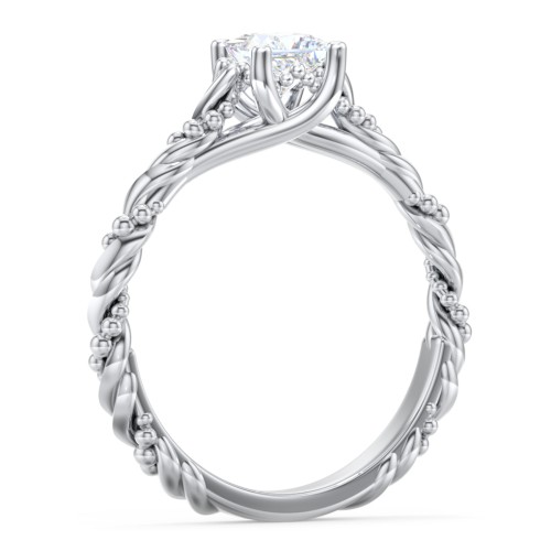 Vintage Solitaire Engagement Ring with Beaded Twisted Rope Band – 14K White Gold