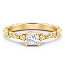 Vintage Solitaire Engagement Ring with Beaded Twisted Rope Band in 9K Solid Yellow Gold